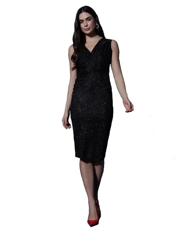 Bodycon Glitter Sleeveless Dress for Women | Shimmer Sleeveless Midi Outfit with Ruched Detailing