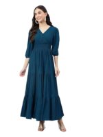 Women's Fit and Flare Maxi Dress Rayon 3/4 Sleeve Solid V-Neck Evening Dress(Blue)