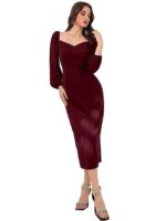 Bodycon Bishop Puff Sleeve One Piece Dress Causal Formal(Maroon)