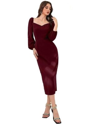 Bodycon Bishop Puff Sleeve One Piece Dress Causal Formal(Maroon)