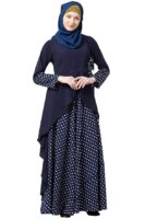 Polka Dotted Asymmetrical Long Maxi Abaya Dress for Women Made in Nida & Crepe Fabric with Long Sleeves(Navy Blue)