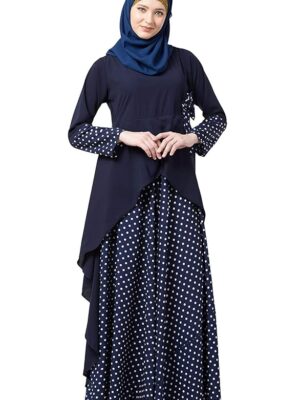 Polka Dotted Asymmetrical Long Maxi Abaya Dress for Women Made in Nida & Crepe Fabric with Long Sleeves(Navy Blue)