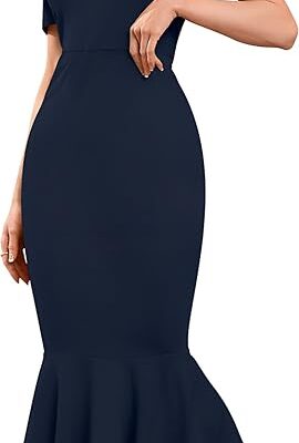 Women's Lycra Blend Sweetheart Neckline/V-Neck, Bodycon Dress with Short Puff Sleeve(Blue)