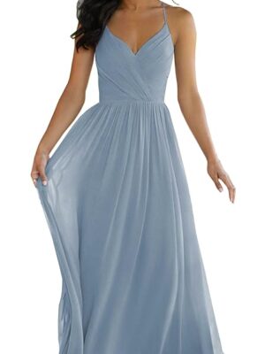 Women's V Neck Bridesmaid Dress Long for Wedding A-Line Chiffon Open Back Formal Gown with Pockets(Blue)