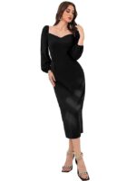 Bodycon Bishop Puff Sleeve One Piece Dress Causal Formal(Black)