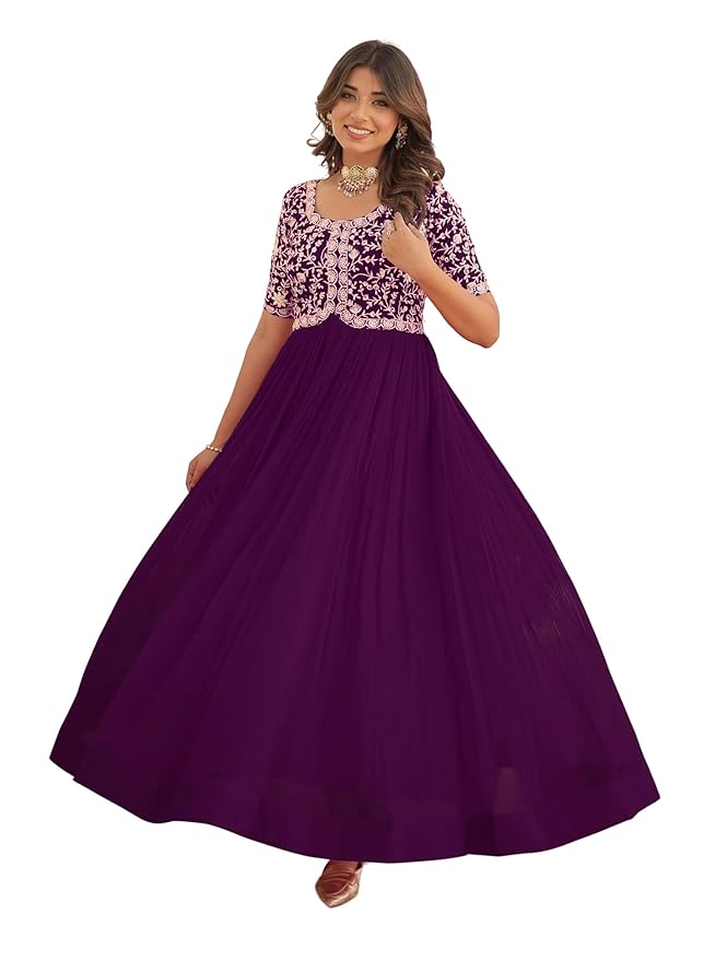 Georgette Embroidered Anarkali Gown for Women(Purple)