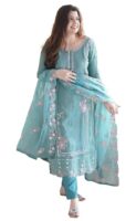 Silk Blue Embroidered Kurta Set with Dupatta for Women