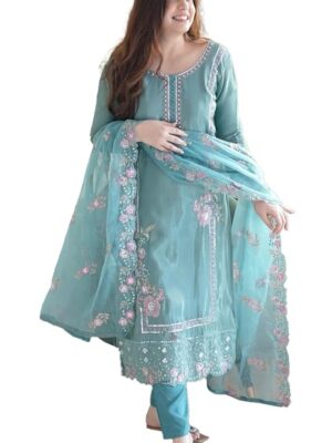 Silk Blue Embroidered Kurta Set with Dupatta for Women