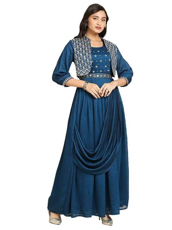 Women's Long Gown for Solid Silk with Heavy Embroidery and Hand Work Belt and Jacket with Round Neck Gown