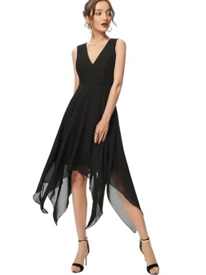 A-line V-Neck Asymmetrical Chiffon Cocktail Black Printed Dress