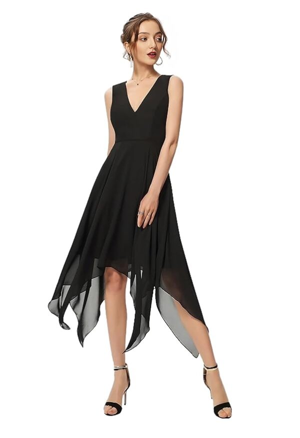 A-line V-Neck Asymmetrical Chiffon Cocktail Black Printed Dress