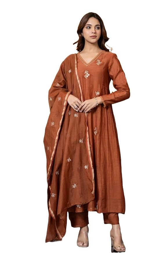 Women Embroidery Solid Anarkali Kurta and Pant Set with Dupatta(Orange)