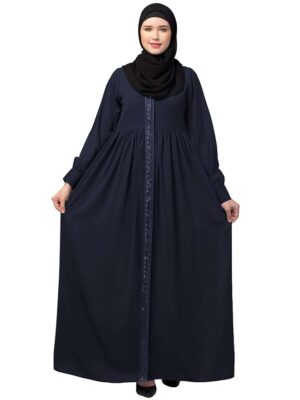 Women's Front Open Abaya Dress with Lace Work at front and on Sleeves- Fashionable Burqa (Navy Blue)
