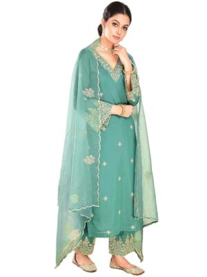 Women's Silk Blend Embroidered Salwar Suit Set | Straight Length Kurta and Elastic Waistband Closure Solid Pant with Dupatta(Blue)