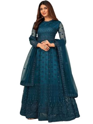 Women's Net Embroidered Semi-Stitched Gown  Gown-New(Teal Blue)