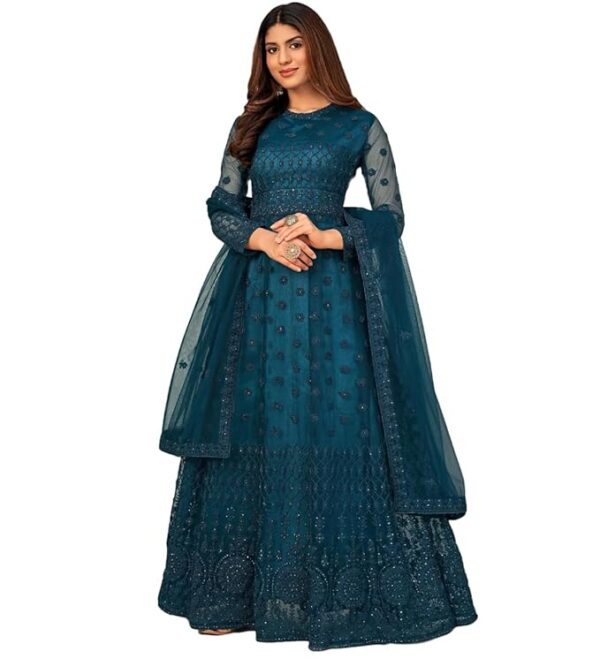 Women's Net Embroidered Semi-Stitched Gown  Gown-New(Teal Blue)