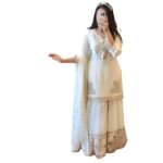 Elegant White Embroidered Sharara Set with Lace Details, Traditional Indian Ethnic Wear Fashionable