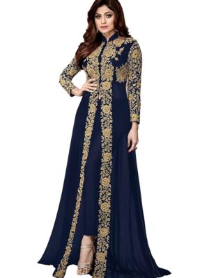 Women's Embroidered Georgette Semi-Stitched Anarkali Gown with Dupatta(Blue)