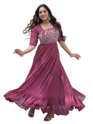 Georgette Anarkali Gown with Sequins and Embroidery for Women with Long Sleeves
