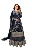 Women's Faux Georgette Semi-Stitched Top With Stitched Bottom and Dupatta Embroidered Straight Kurta Dress Material(Blue)