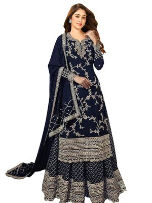 Women's Faux Georgette Semi-Stitched Top With Stitched Bottom and Dupatta Embroidered Straight Kurta Dress Material(Blue)
