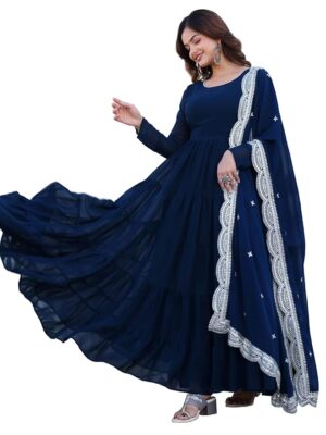 Women's Georgette Solid Anarkali Dress(Blue)