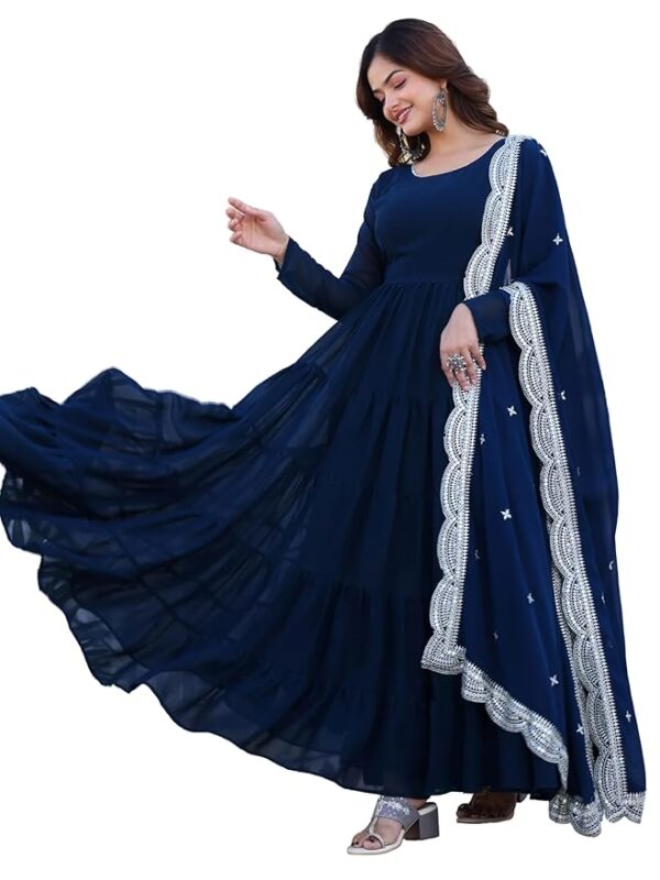 Women's Georgette Solid Anarkali Dress(Blue)