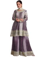 Dual Tone Strip Chinon Heavy Embroidered Stitched Sharara Suit Set With Dupatta(Purple)