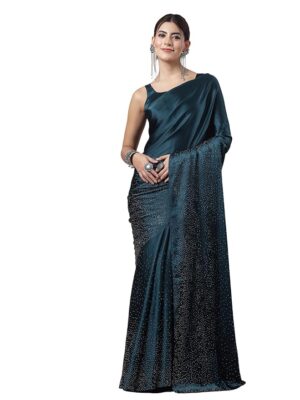 Women's Satin Silk Hot Fixing Stone Work Saree with Unstitched Blouse(Teal Blue)