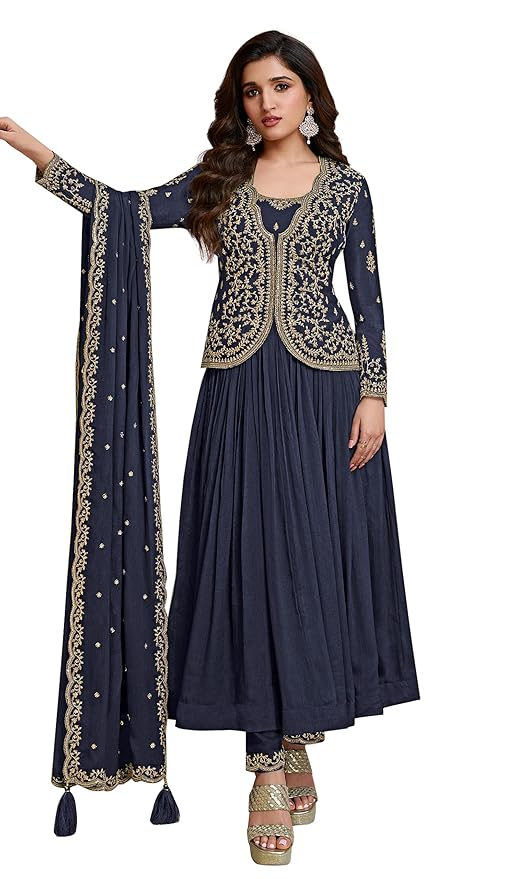 Women's Silk Blend Embroidery Alia Cut Kurta Pant Set with Dupatta(Blue)