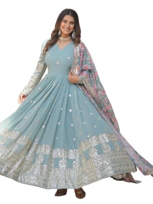 Georgette Embroidered Long Anarkali(Blue)