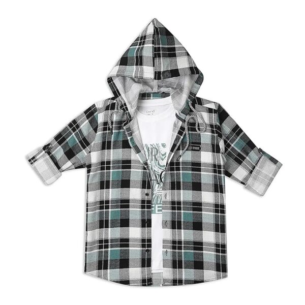 Boys Cotton Full Sleeves Checks Hooded Shirt with T-Shirt