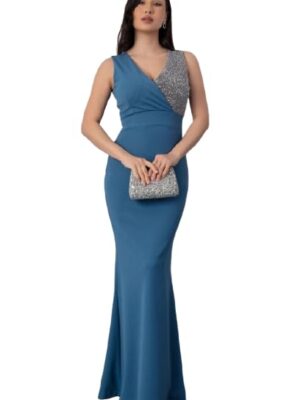 Elegant Evening Gown, V-Neck Sequin Bodice, Floor Length Blue Mermaid Dress