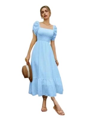 Blue Girl's & Women's Solid A-Line Ruched Puff Sleeve Maxi Long Evening One Piece Long Dress for Women Stylish