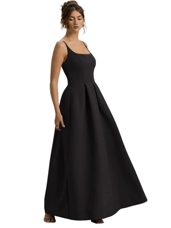 Black Elegant Sleeveless Maxi Dress with Square Neck & Flared Hem | Long Evening Gown for Women