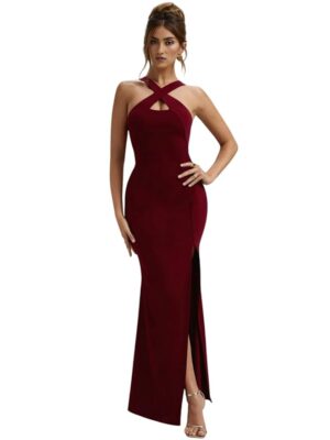 Women's Halter Neck Bodycon Maxi Dress – Sleeveless Slim Fit Dress with Front Slit & Crisscross Back(Wine)
