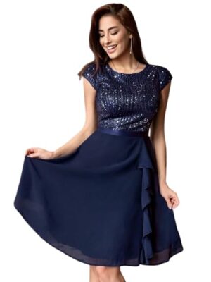 Sequin Cocktail Dress, Navy Blue, Cap Sleeve, A-Line Evening Party Dress with Chiffon Skirt
