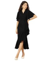 Black Flutter Sleeve Bodycon Midi Dress for Women, V-Neck Ruffle Hem Outfit