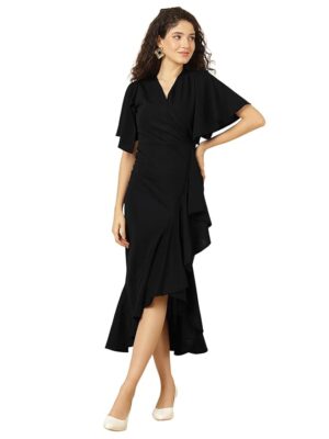 Black Flutter Sleeve Bodycon Midi Dress for Women, V-Neck Ruffle Hem Outfit