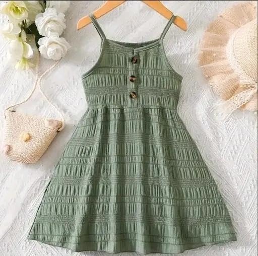 Kid Girl's Soft Cotton Green Sleeveless Frock Dress | Solid Color