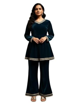 Blue Velvet Kurti Set for Woman | Short Kurti for Women Latest | Co ord Set for Women Stylish Party Suit | Ethnic Office Everyday Wear & Casual Look