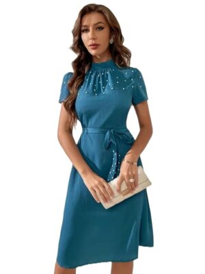 Blue Women's Western Style Pearl Embellished Knee Length Kurti Dress | Stylish Tunic Topal Outfit