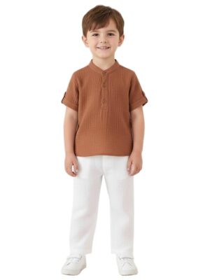 Boys Cotton T-Shirt and Pant Set | Chinese Collar Neck | 3/4 Sleeve Stylish Casual Wear for Kids ( Brown)