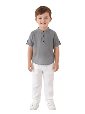 Boys Cotton T-Shirt and Pant Set | Chinese Collar Neck | 3/4 Sleeve Stylish Casual Wear for Kids (Grey)