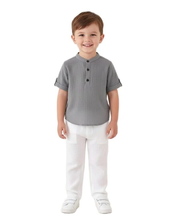 Boys Cotton T-Shirt and Pant Set | Chinese Collar Neck | 3/4 Sleeve Stylish Casual Wear for Kids (Grey)