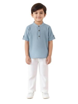 Boys Cotton T-Shirt and Pant Set | Chinese Collar Neck | 3/4 Sleeve Stylish Casual Wear for Kids (Blue)