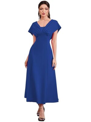 Royal Blue Women's A-Line Maxi Dress with V-Neck Pleated Bodice, Cap Batwing Sleeves, Polyester Elastane Evening Gown