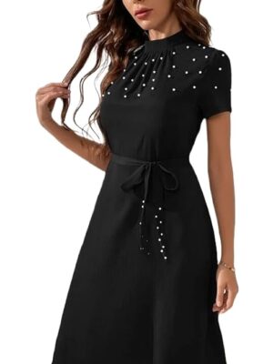 Black Women's Western Style Pearl Embellished Knee Length Kurti Dress | Stylish Tunic Topal Outfit