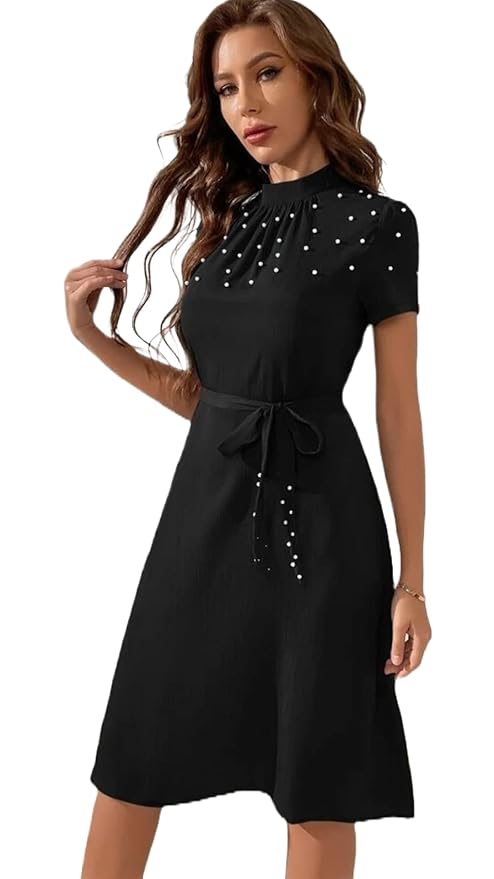 Black Women's Western Style Pearl Embellished Knee Length Kurti Dress | Stylish Tunic Topal Outfit