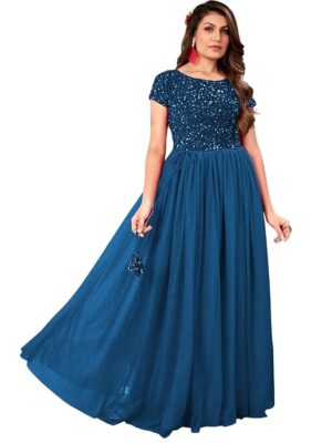 Elegant Women's Gown with Sequins Work | Velvet Bodice & Net Flare | Short Sleeve, Boat Neck (Blue)